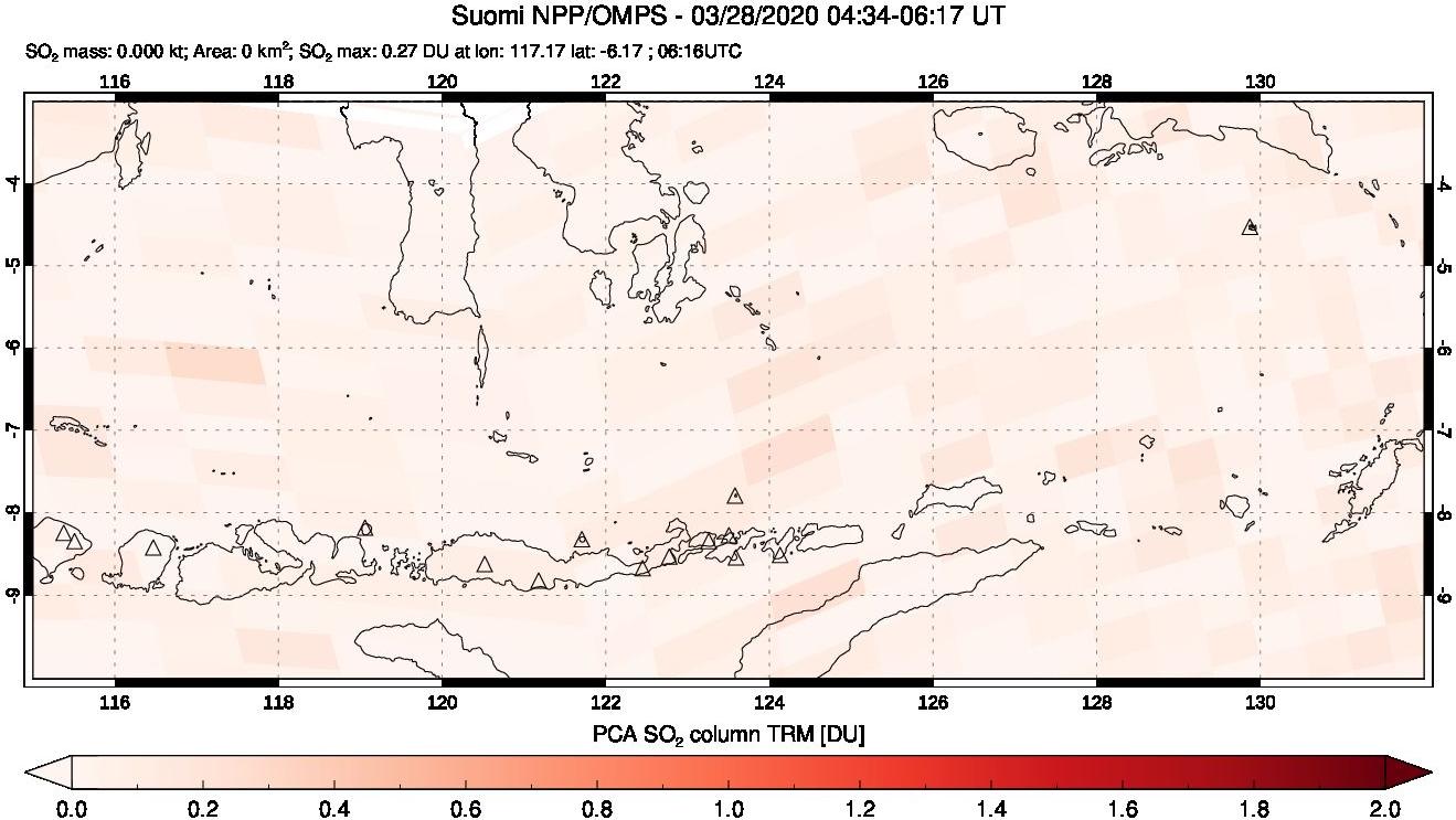 A sulfur dioxide image over Lesser Sunda Islands, Indonesia on Mar 28, 2020.