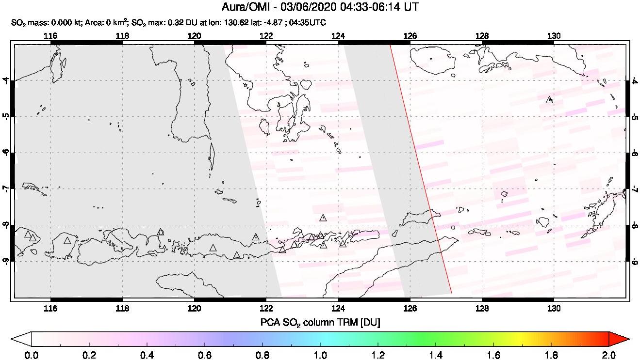 A sulfur dioxide image over Lesser Sunda Islands, Indonesia on Mar 06, 2020.