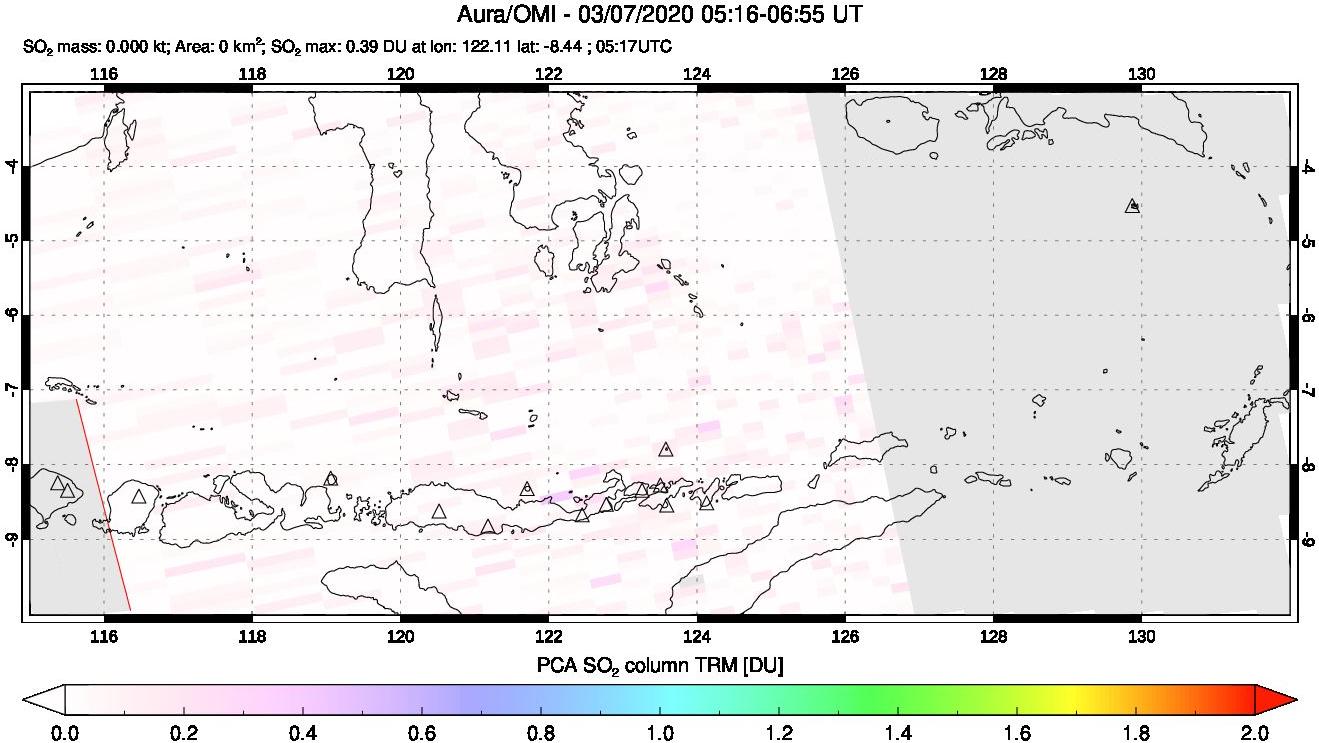 A sulfur dioxide image over Lesser Sunda Islands, Indonesia on Mar 07, 2020.