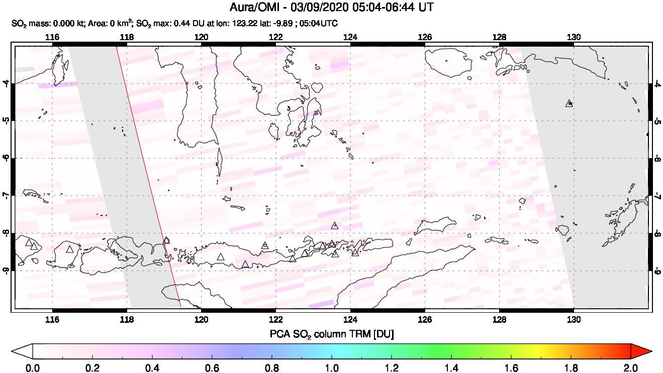 A sulfur dioxide image over Lesser Sunda Islands, Indonesia on Mar 09, 2020.