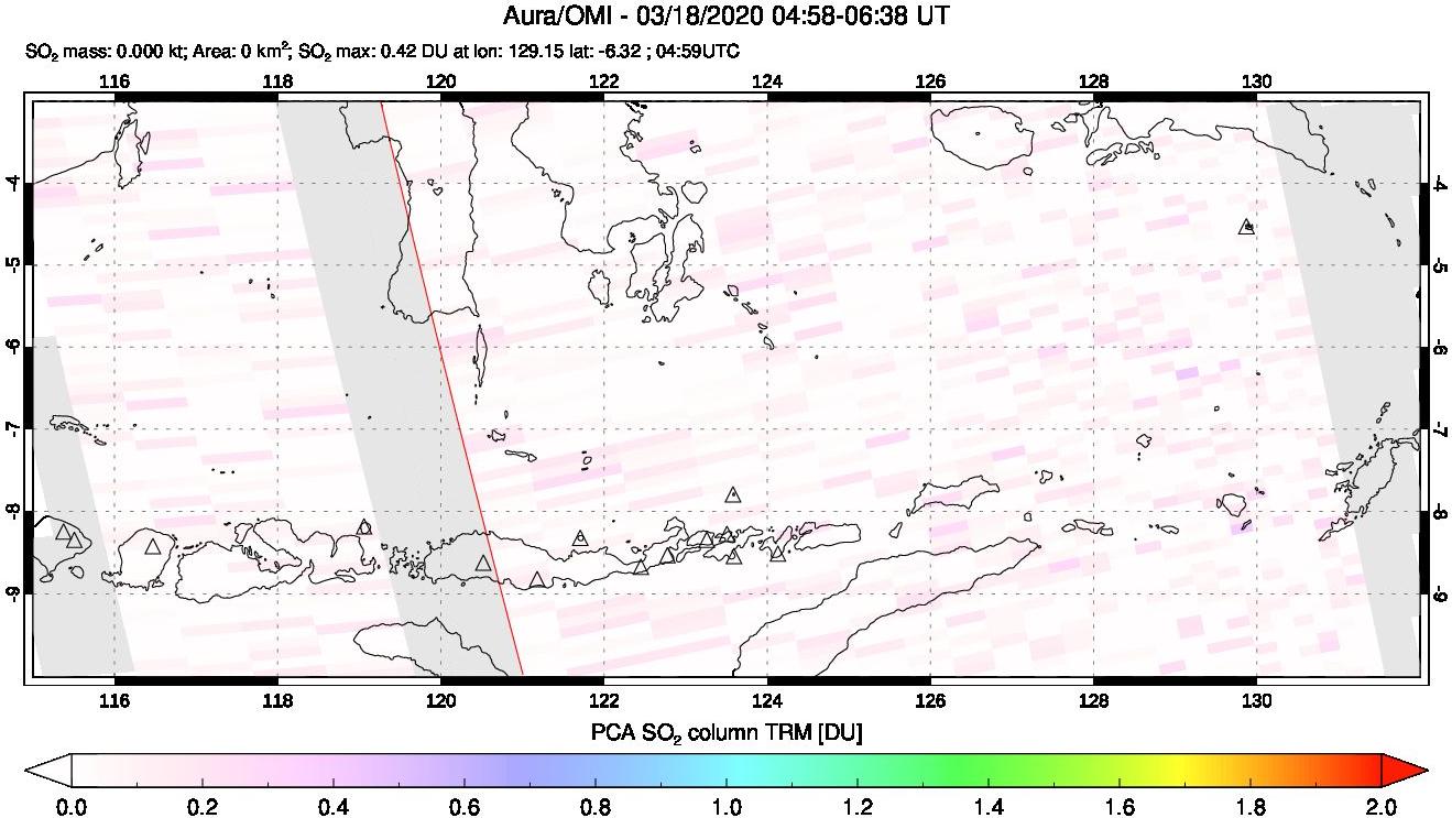 A sulfur dioxide image over Lesser Sunda Islands, Indonesia on Mar 18, 2020.