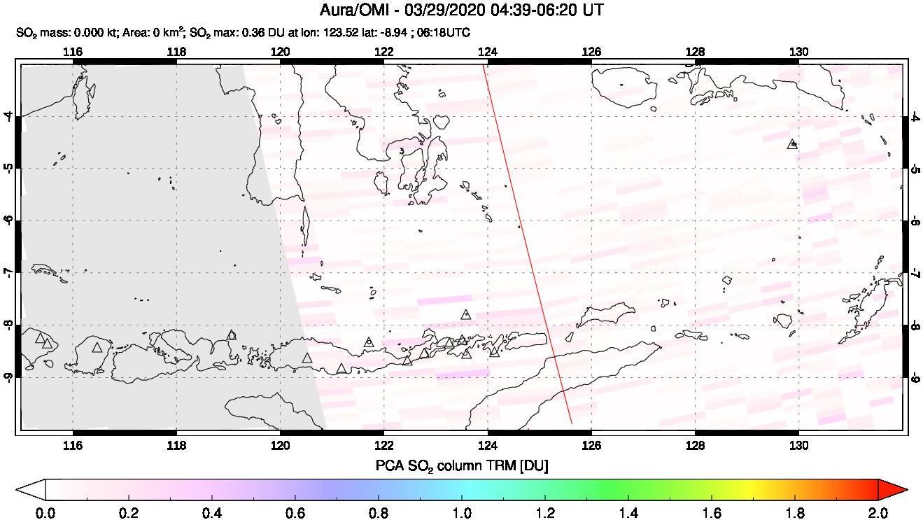 A sulfur dioxide image over Lesser Sunda Islands, Indonesia on Mar 29, 2020.