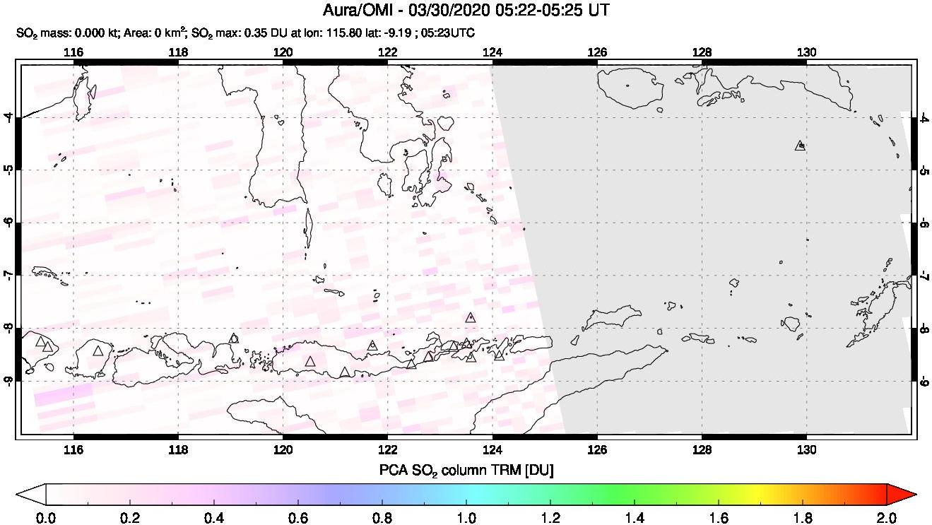 A sulfur dioxide image over Lesser Sunda Islands, Indonesia on Mar 30, 2020.
