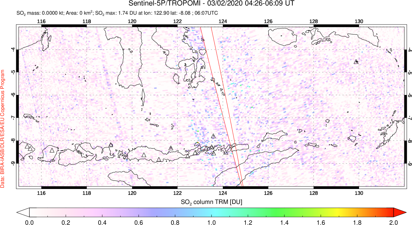 A sulfur dioxide image over Lesser Sunda Islands, Indonesia on Mar 02, 2020.