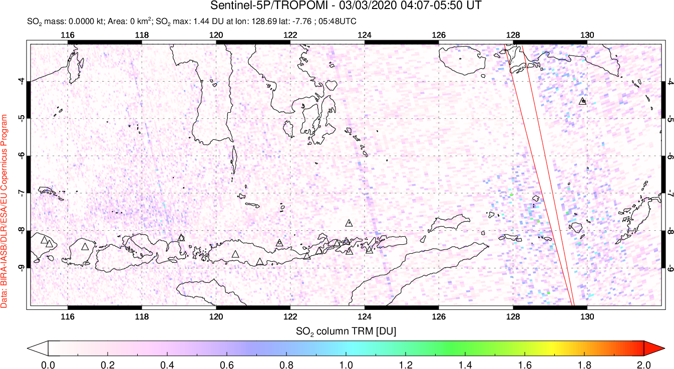 A sulfur dioxide image over Lesser Sunda Islands, Indonesia on Mar 03, 2020.
