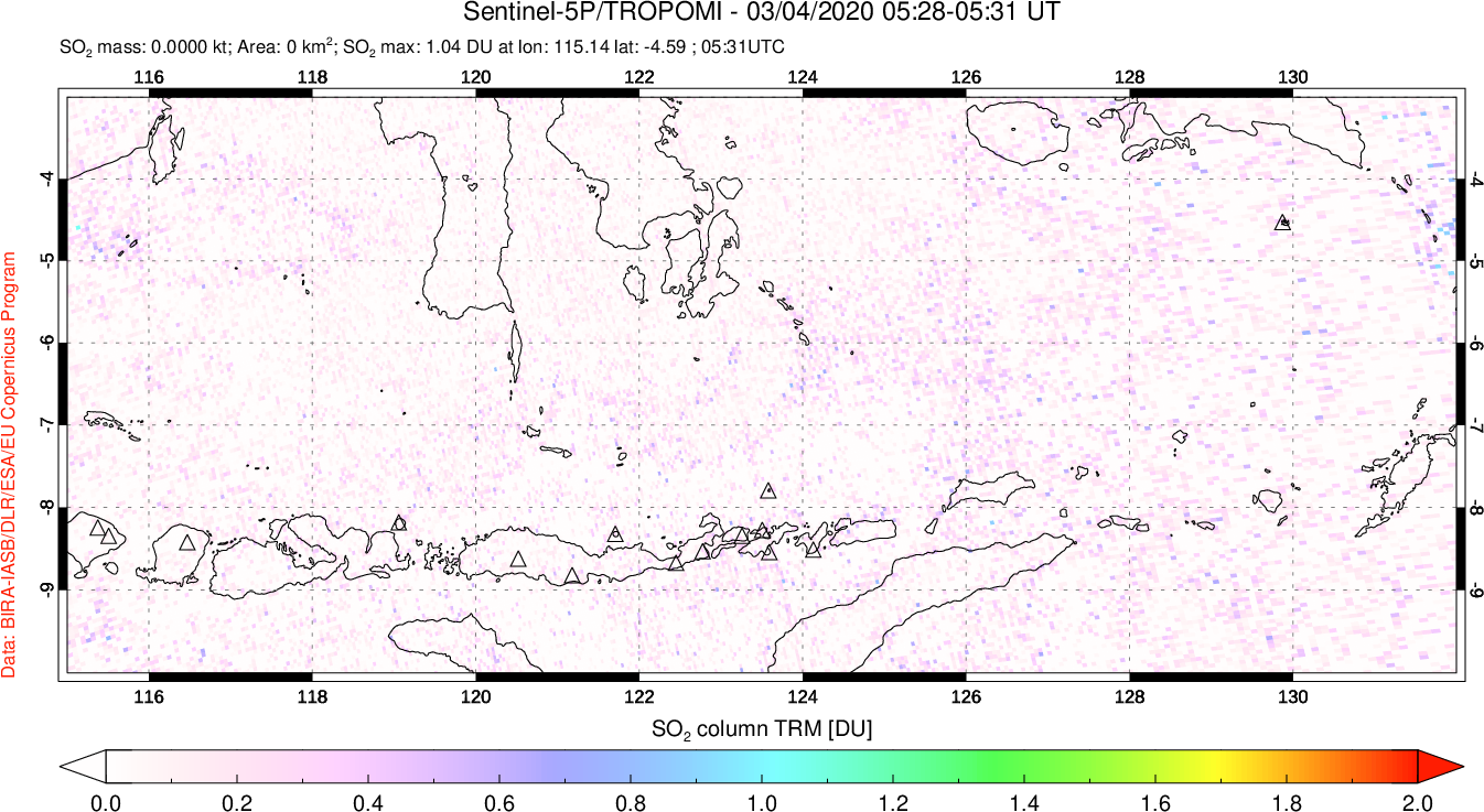 A sulfur dioxide image over Lesser Sunda Islands, Indonesia on Mar 04, 2020.