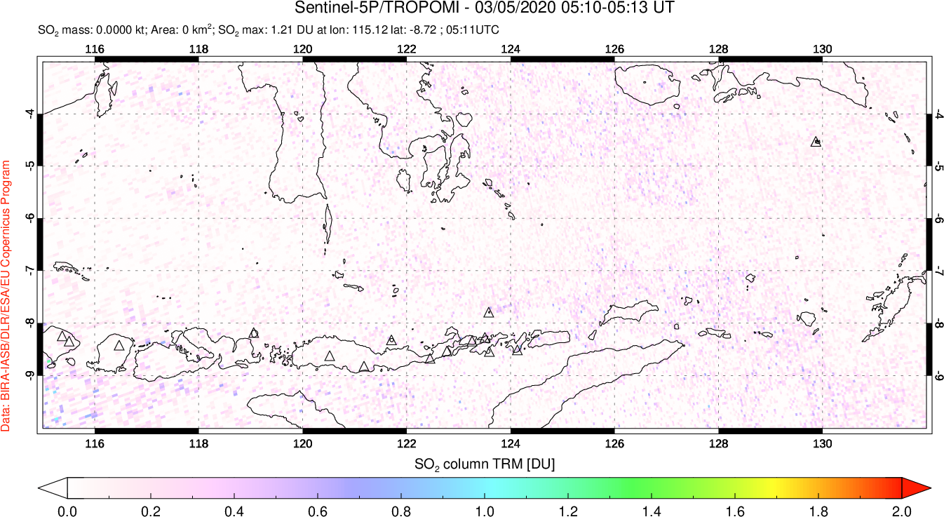 A sulfur dioxide image over Lesser Sunda Islands, Indonesia on Mar 05, 2020.