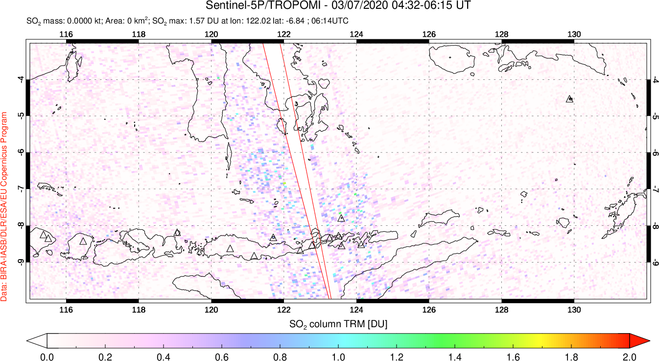 A sulfur dioxide image over Lesser Sunda Islands, Indonesia on Mar 07, 2020.