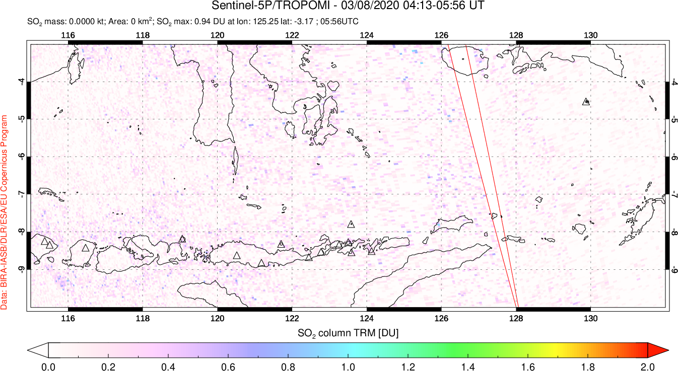 A sulfur dioxide image over Lesser Sunda Islands, Indonesia on Mar 08, 2020.