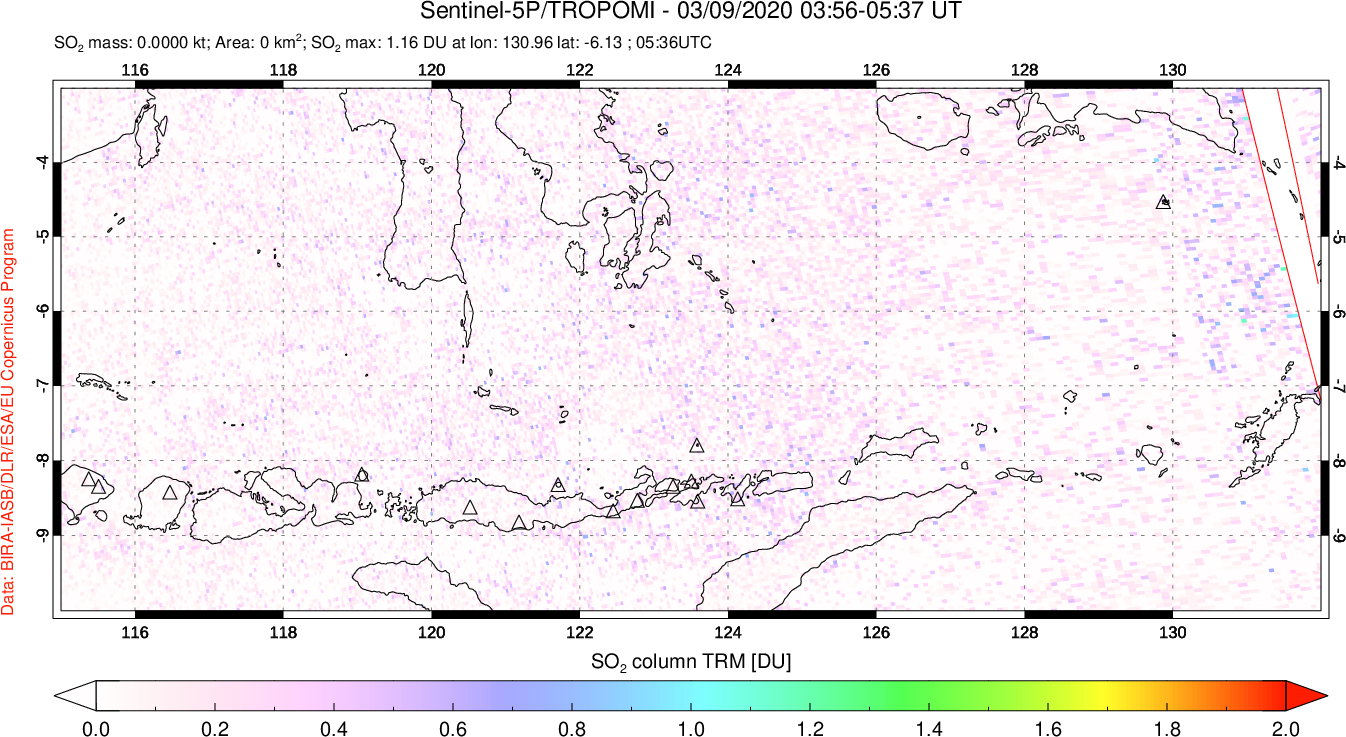 A sulfur dioxide image over Lesser Sunda Islands, Indonesia on Mar 09, 2020.