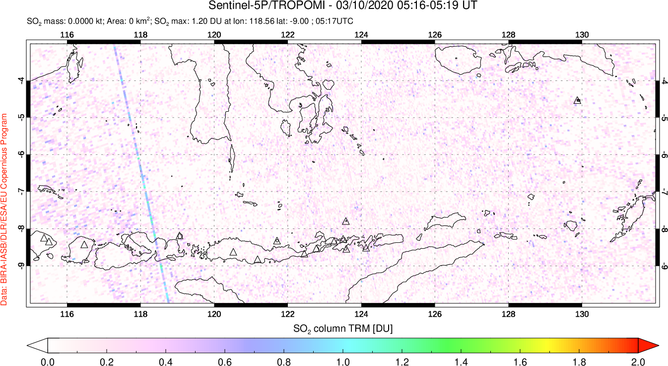 A sulfur dioxide image over Lesser Sunda Islands, Indonesia on Mar 10, 2020.