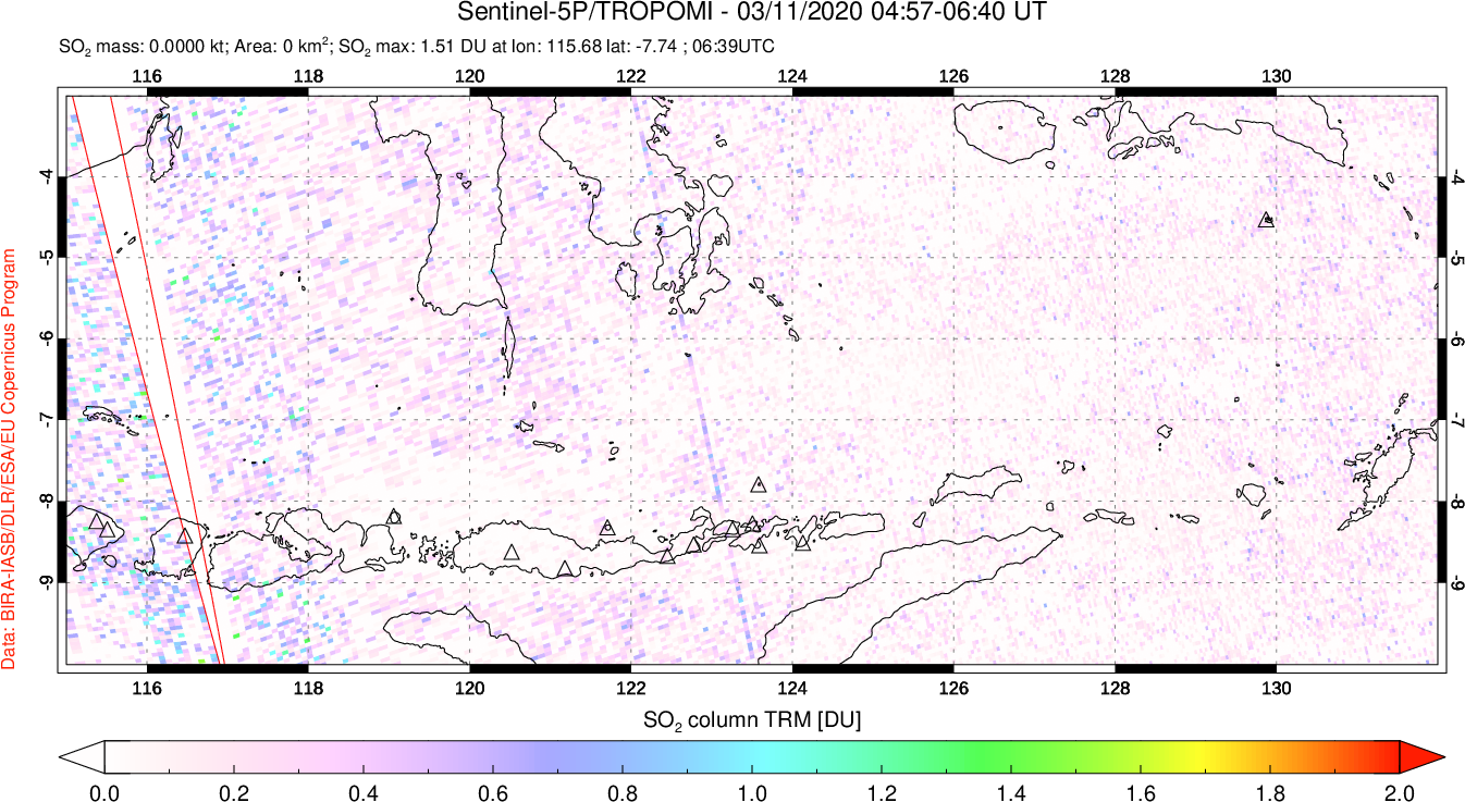 A sulfur dioxide image over Lesser Sunda Islands, Indonesia on Mar 11, 2020.