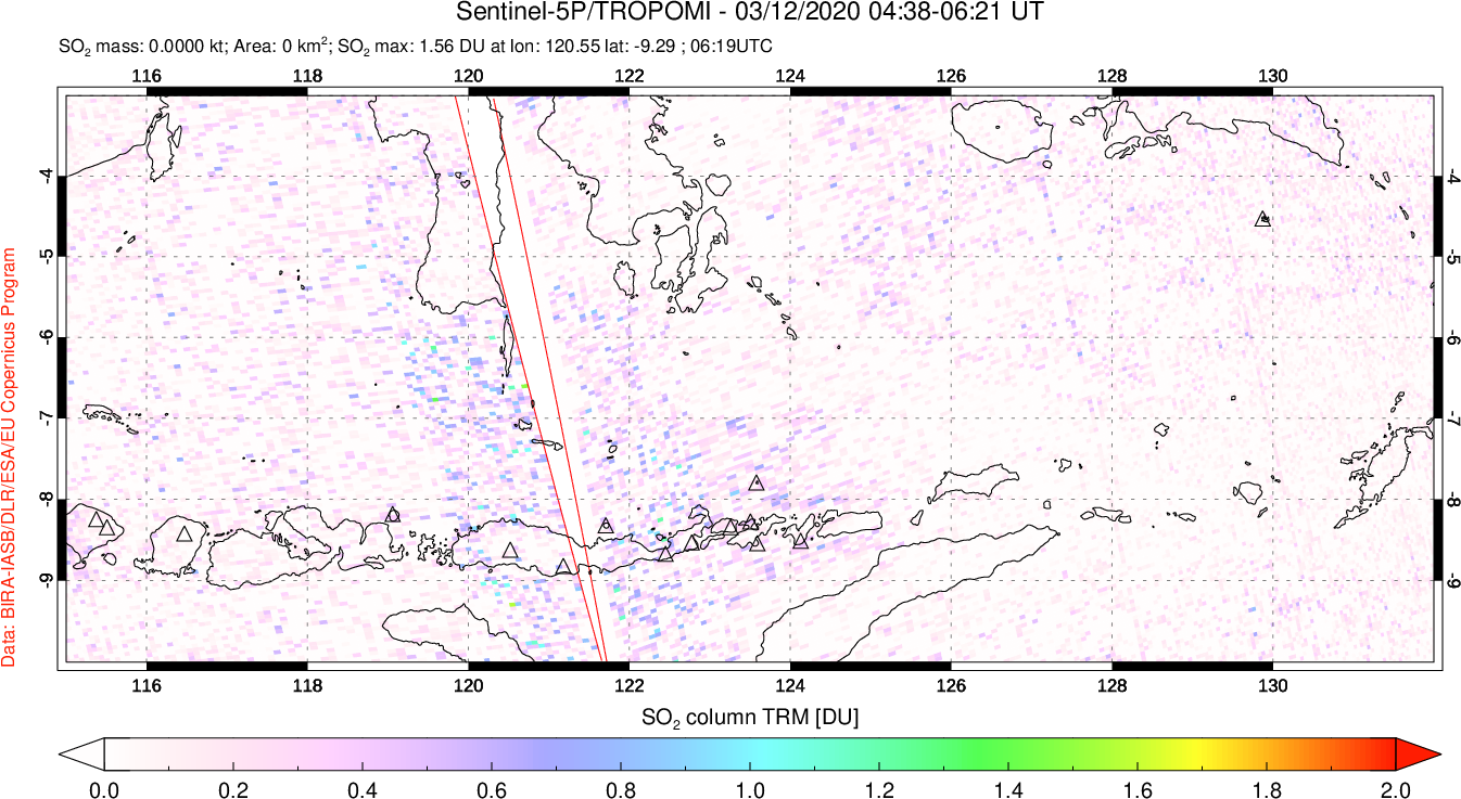A sulfur dioxide image over Lesser Sunda Islands, Indonesia on Mar 12, 2020.