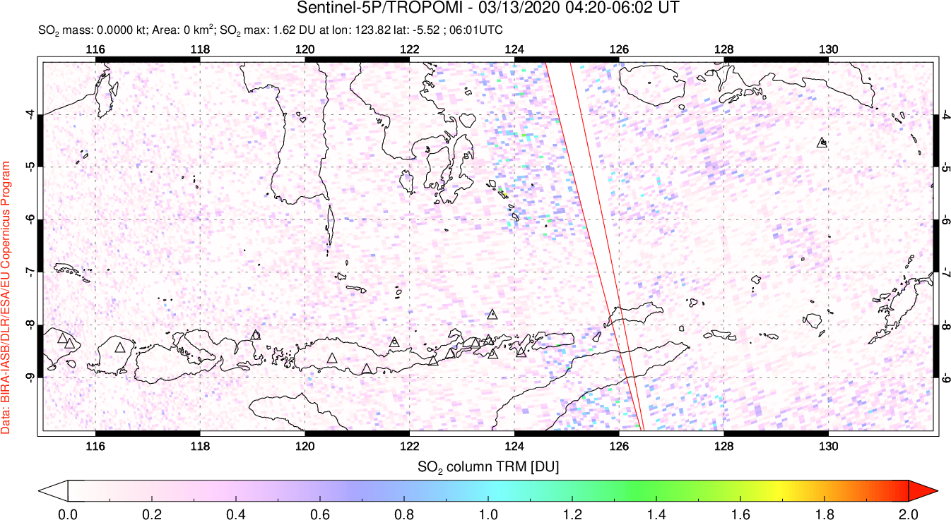 A sulfur dioxide image over Lesser Sunda Islands, Indonesia on Mar 13, 2020.