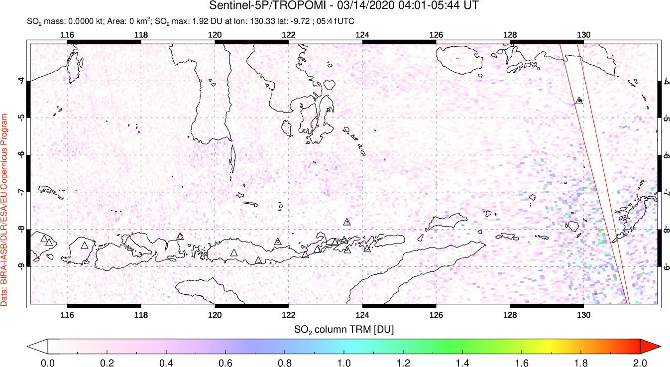 A sulfur dioxide image over Lesser Sunda Islands, Indonesia on Mar 14, 2020.