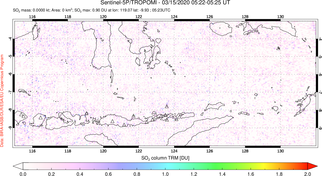 A sulfur dioxide image over Lesser Sunda Islands, Indonesia on Mar 15, 2020.