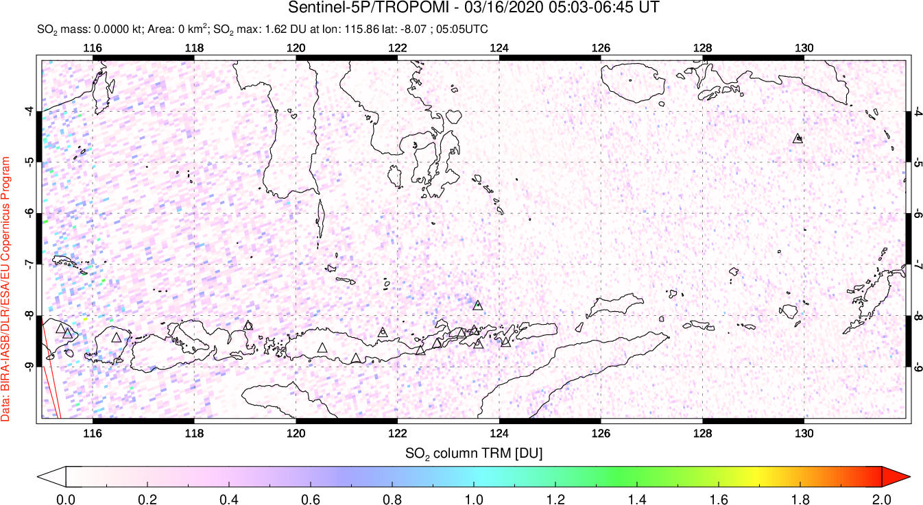 A sulfur dioxide image over Lesser Sunda Islands, Indonesia on Mar 16, 2020.