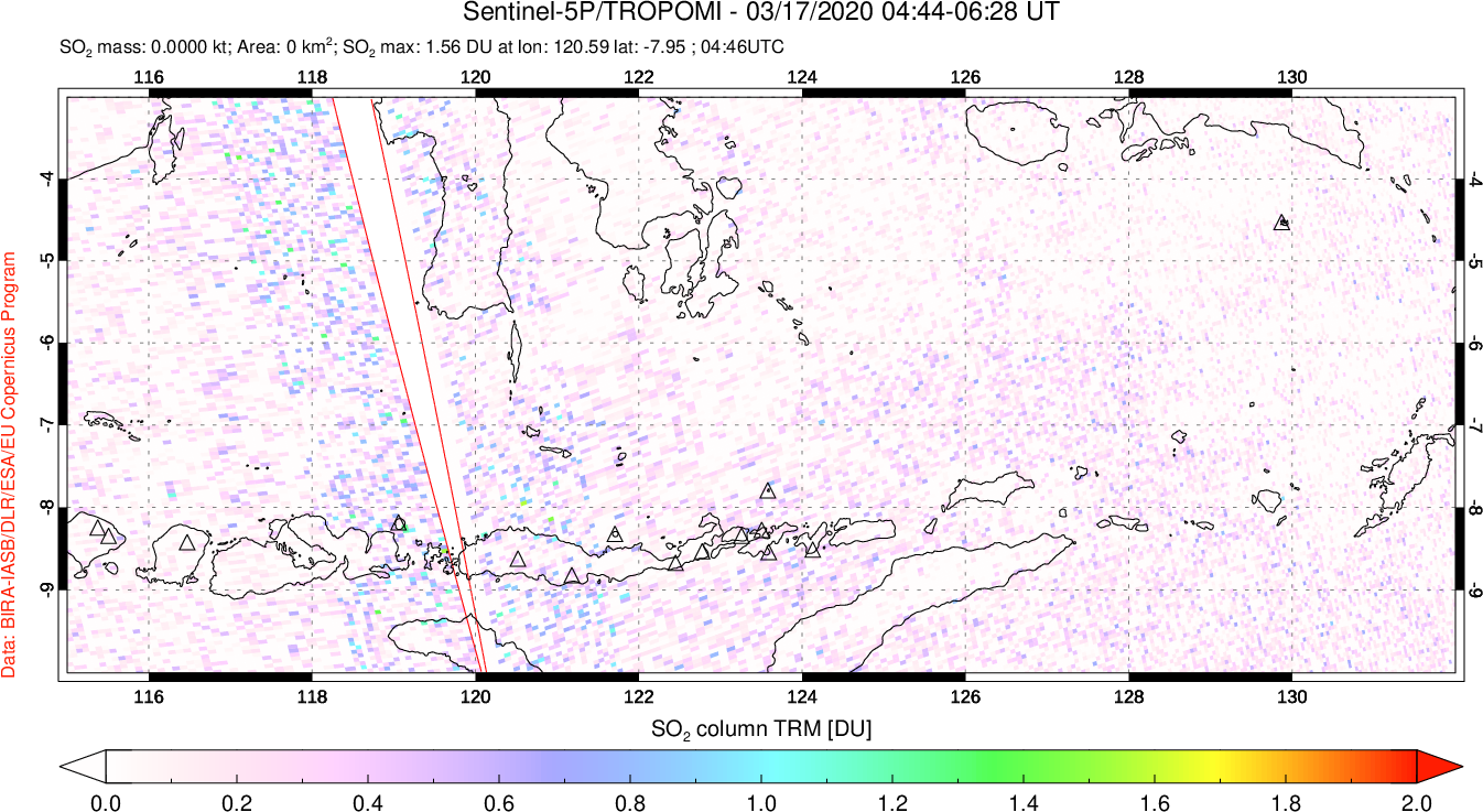 A sulfur dioxide image over Lesser Sunda Islands, Indonesia on Mar 17, 2020.