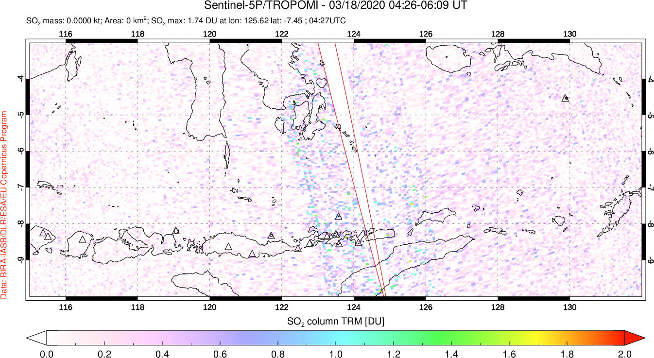 A sulfur dioxide image over Lesser Sunda Islands, Indonesia on Mar 18, 2020.
