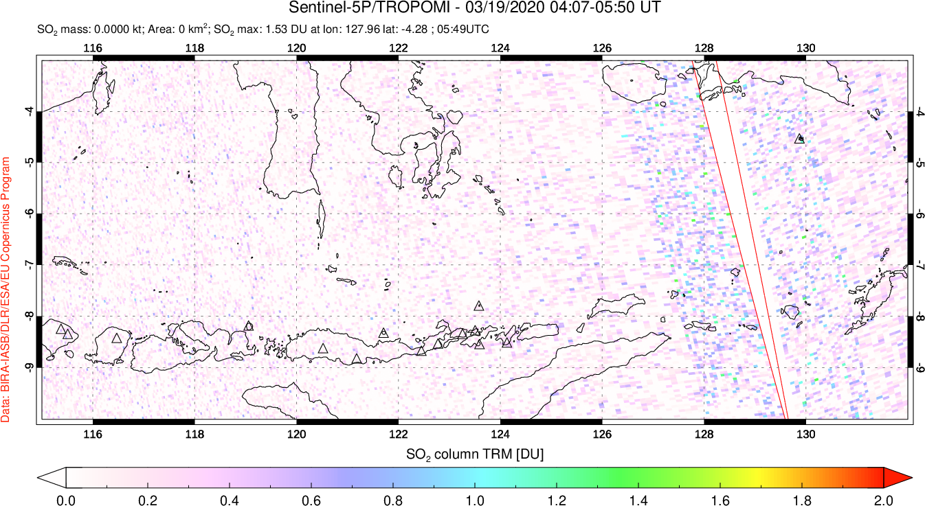 A sulfur dioxide image over Lesser Sunda Islands, Indonesia on Mar 19, 2020.