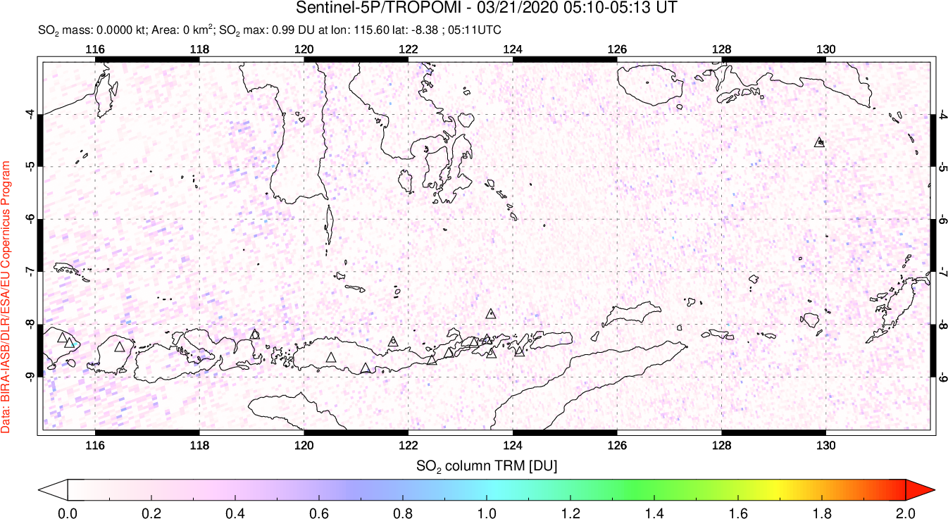 A sulfur dioxide image over Lesser Sunda Islands, Indonesia on Mar 21, 2020.