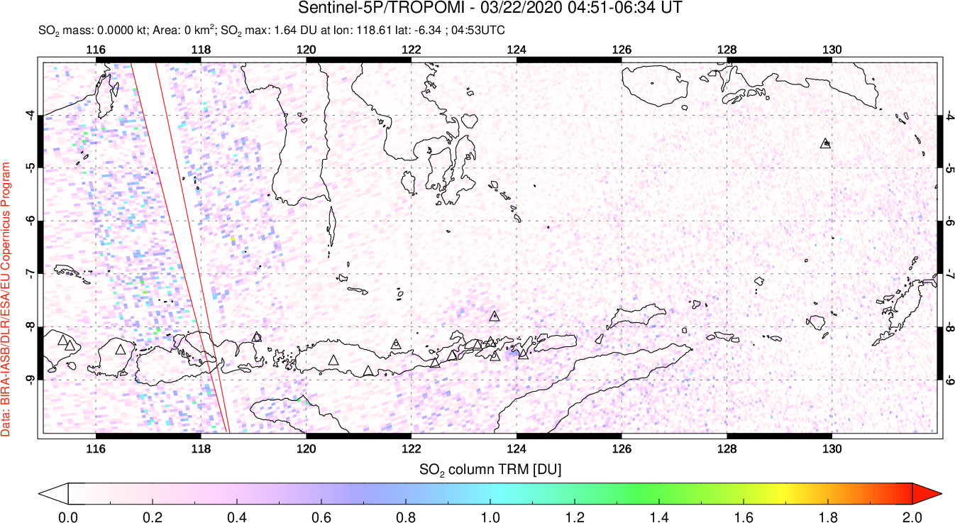 A sulfur dioxide image over Lesser Sunda Islands, Indonesia on Mar 22, 2020.