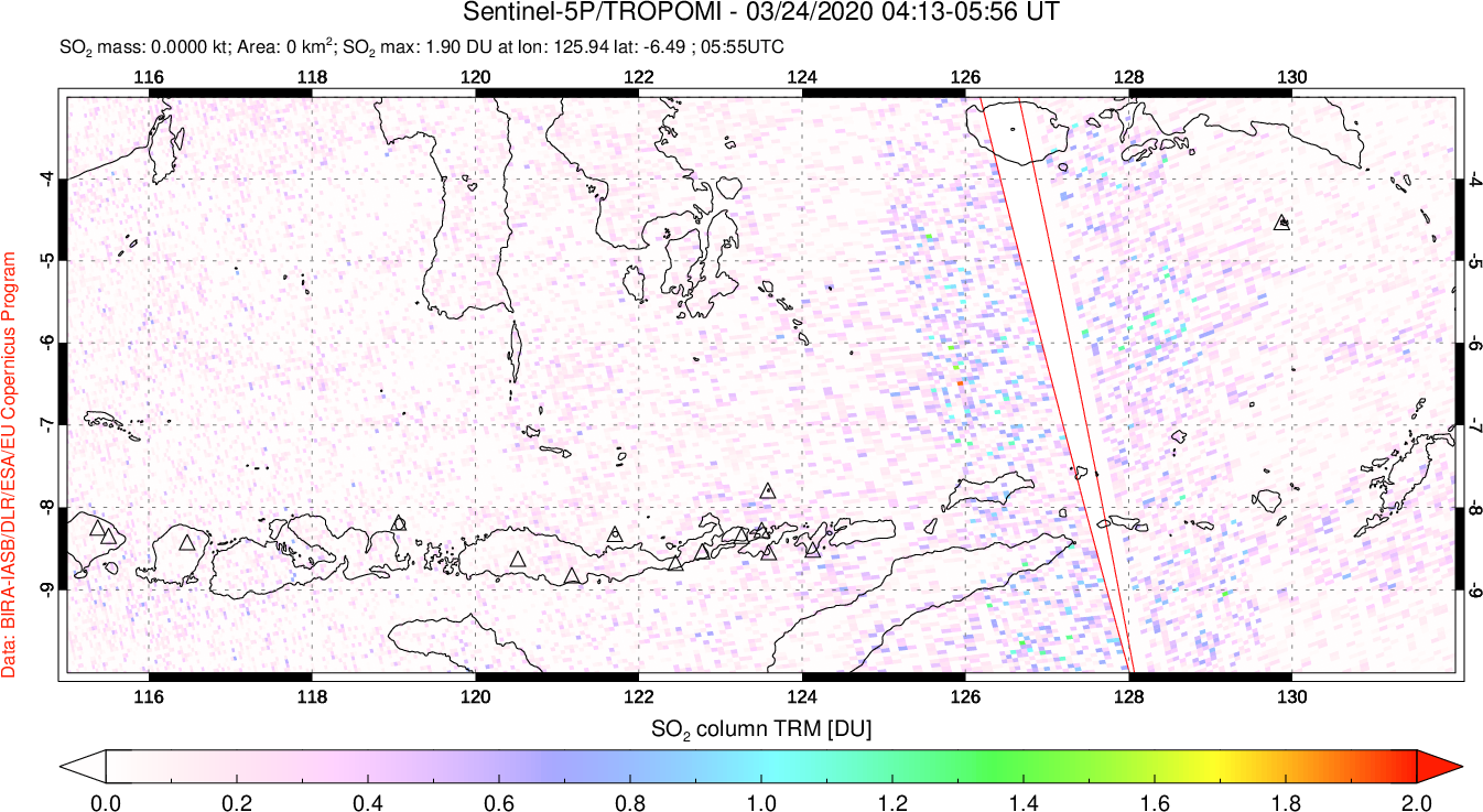 A sulfur dioxide image over Lesser Sunda Islands, Indonesia on Mar 24, 2020.