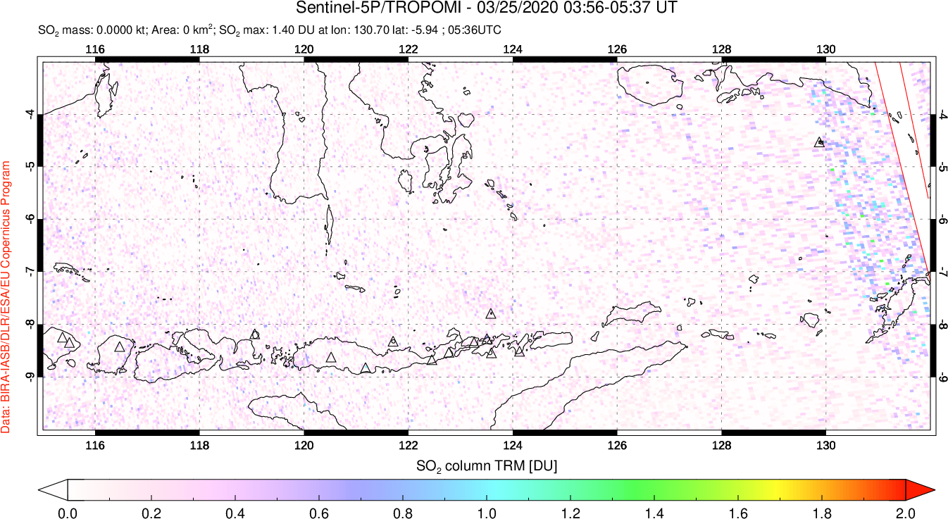 A sulfur dioxide image over Lesser Sunda Islands, Indonesia on Mar 25, 2020.
