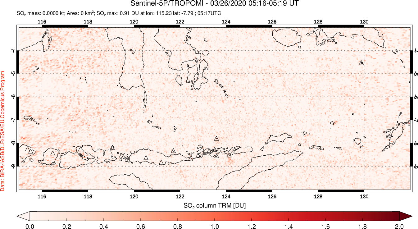 A sulfur dioxide image over Lesser Sunda Islands, Indonesia on Mar 26, 2020.
