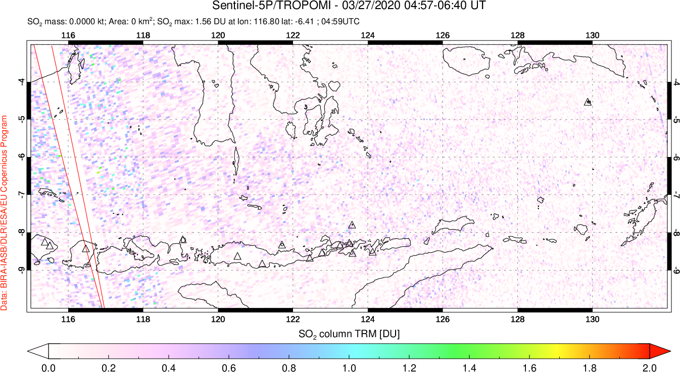A sulfur dioxide image over Lesser Sunda Islands, Indonesia on Mar 27, 2020.