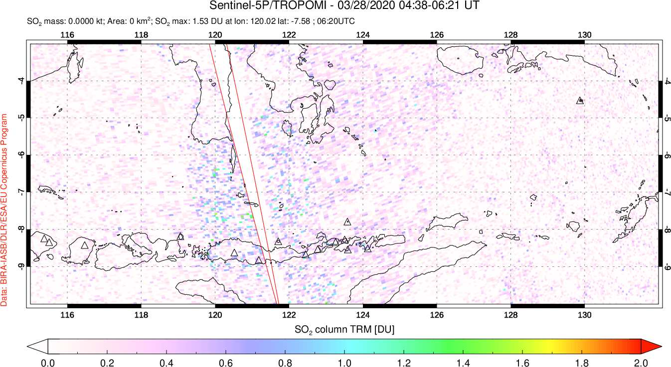 A sulfur dioxide image over Lesser Sunda Islands, Indonesia on Mar 28, 2020.