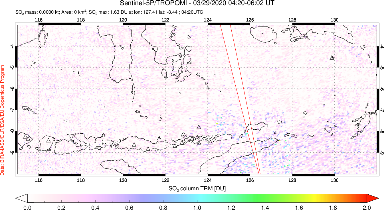 A sulfur dioxide image over Lesser Sunda Islands, Indonesia on Mar 29, 2020.
