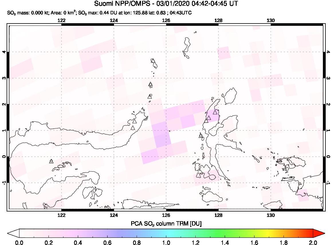 A sulfur dioxide image over Northern Sulawesi & Halmahera, Indonesia on Mar 01, 2020.