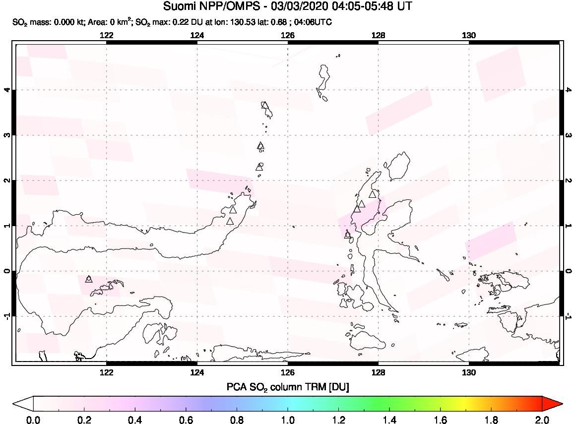 A sulfur dioxide image over Northern Sulawesi & Halmahera, Indonesia on Mar 03, 2020.
