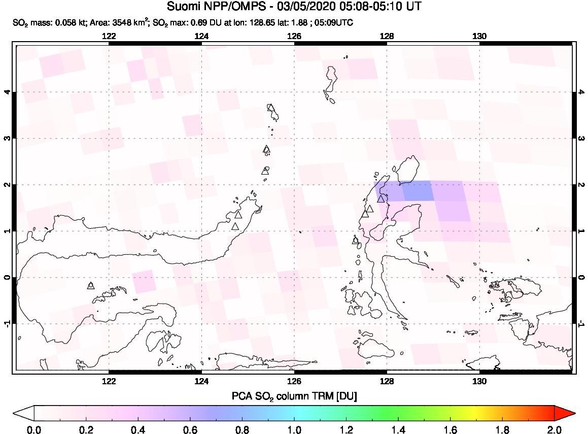 A sulfur dioxide image over Northern Sulawesi & Halmahera, Indonesia on Mar 05, 2020.