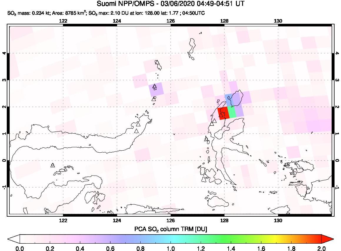 A sulfur dioxide image over Northern Sulawesi & Halmahera, Indonesia on Mar 06, 2020.