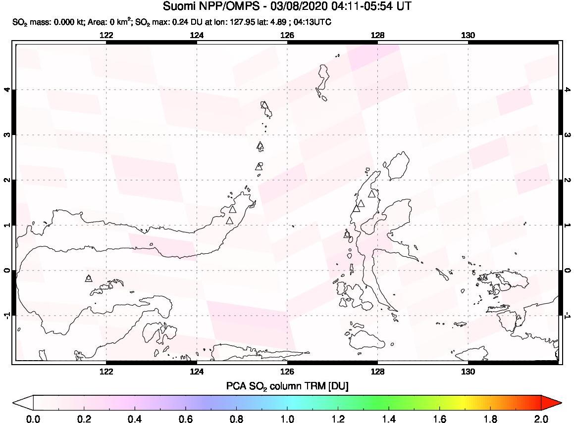 A sulfur dioxide image over Northern Sulawesi & Halmahera, Indonesia on Mar 08, 2020.