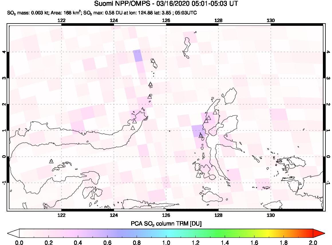 A sulfur dioxide image over Northern Sulawesi & Halmahera, Indonesia on Mar 16, 2020.