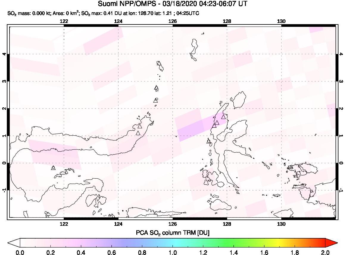 A sulfur dioxide image over Northern Sulawesi & Halmahera, Indonesia on Mar 18, 2020.