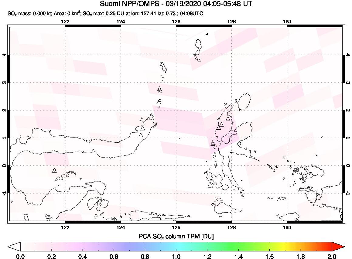 A sulfur dioxide image over Northern Sulawesi & Halmahera, Indonesia on Mar 19, 2020.