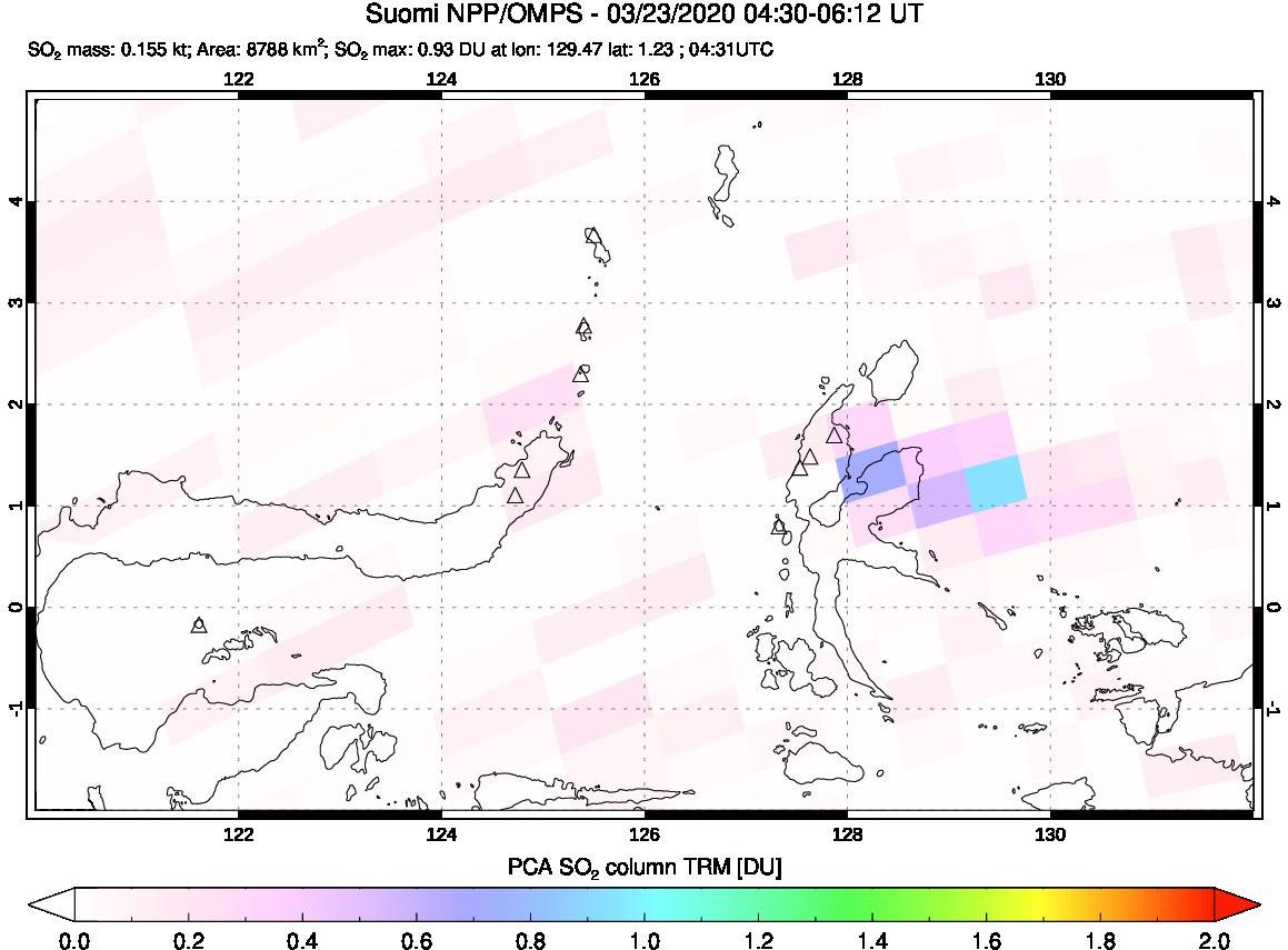 A sulfur dioxide image over Northern Sulawesi & Halmahera, Indonesia on Mar 23, 2020.