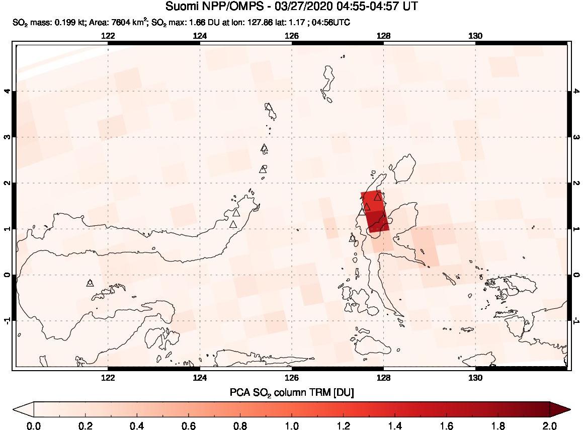 A sulfur dioxide image over Northern Sulawesi & Halmahera, Indonesia on Mar 27, 2020.