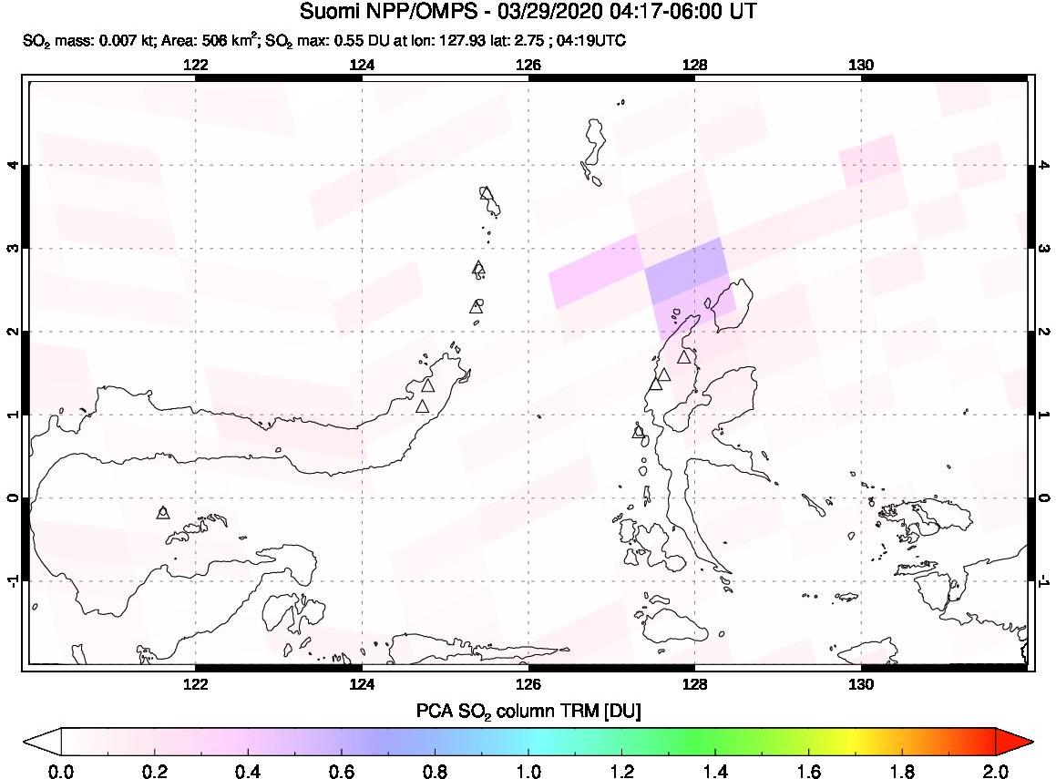 A sulfur dioxide image over Northern Sulawesi & Halmahera, Indonesia on Mar 29, 2020.