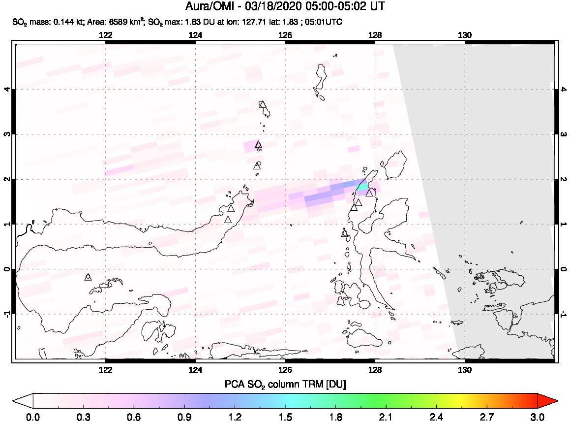 A sulfur dioxide image over Northern Sulawesi & Halmahera, Indonesia on Mar 18, 2020.