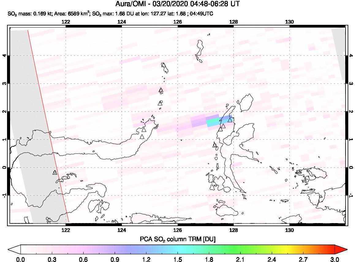 A sulfur dioxide image over Northern Sulawesi & Halmahera, Indonesia on Mar 20, 2020.