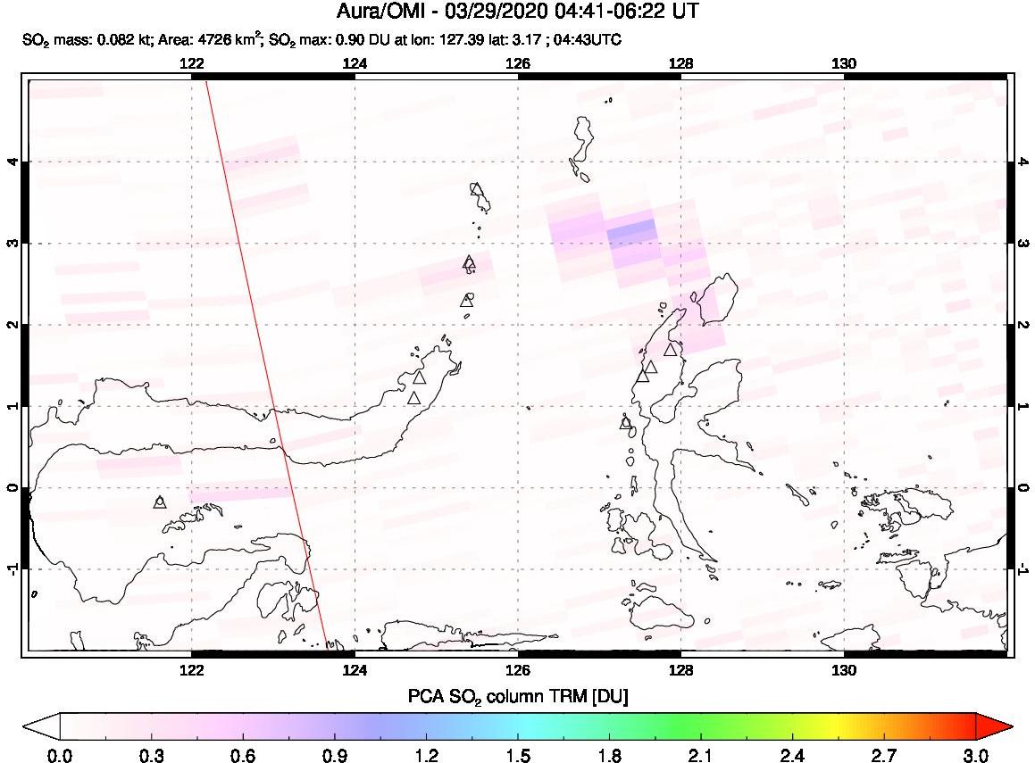A sulfur dioxide image over Northern Sulawesi & Halmahera, Indonesia on Mar 29, 2020.