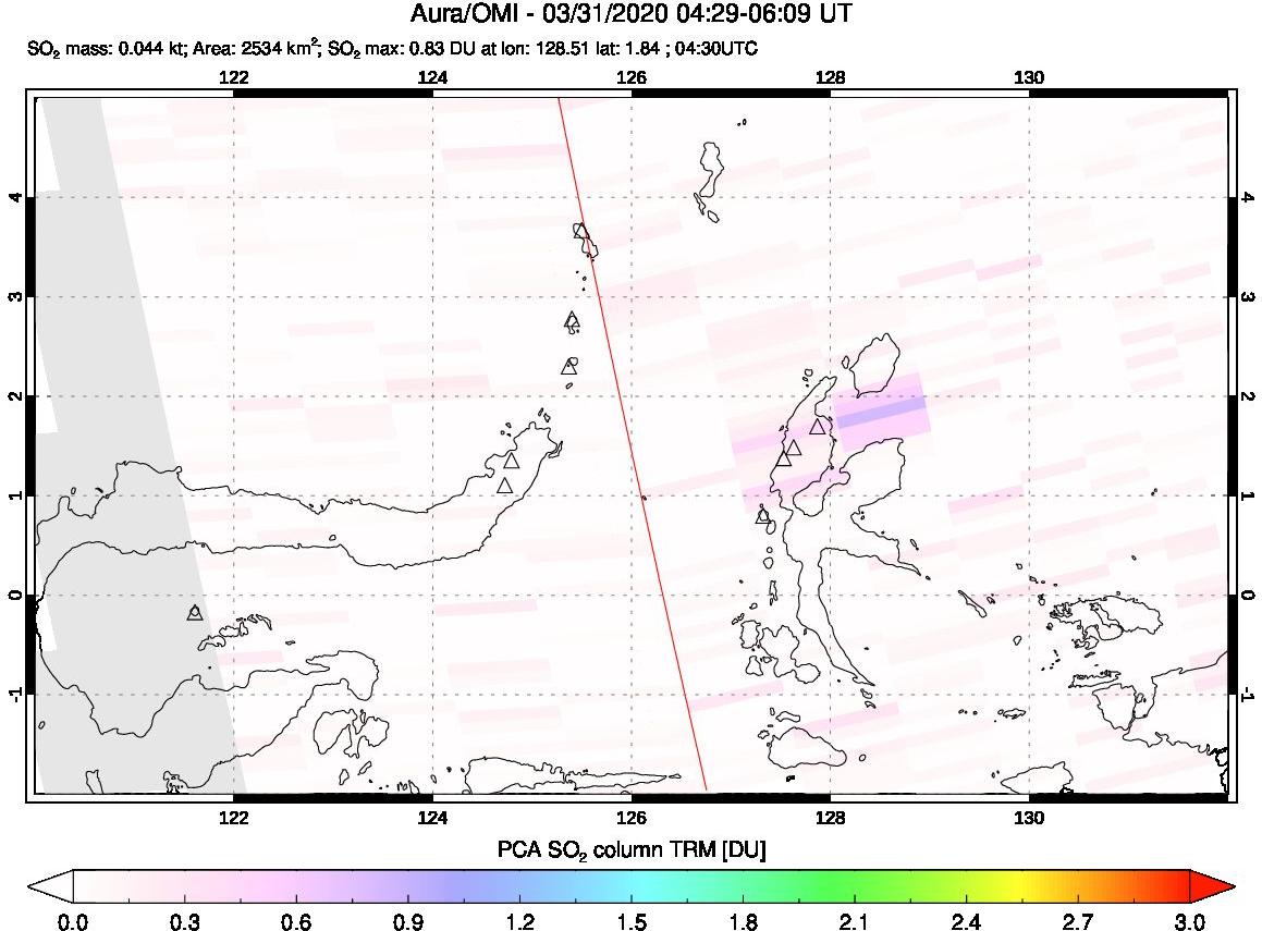 A sulfur dioxide image over Northern Sulawesi & Halmahera, Indonesia on Mar 31, 2020.