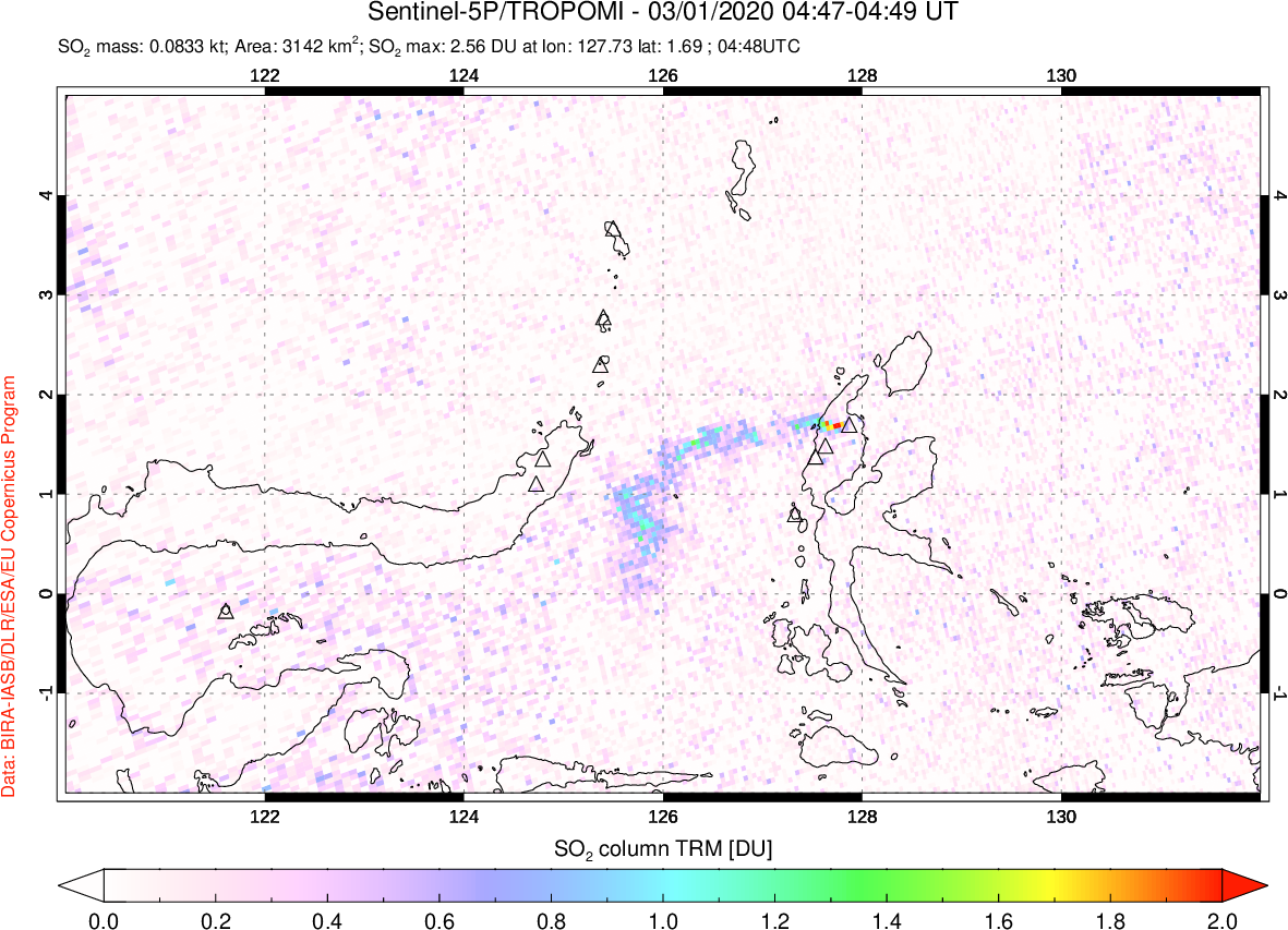 A sulfur dioxide image over Northern Sulawesi & Halmahera, Indonesia on Mar 01, 2020.