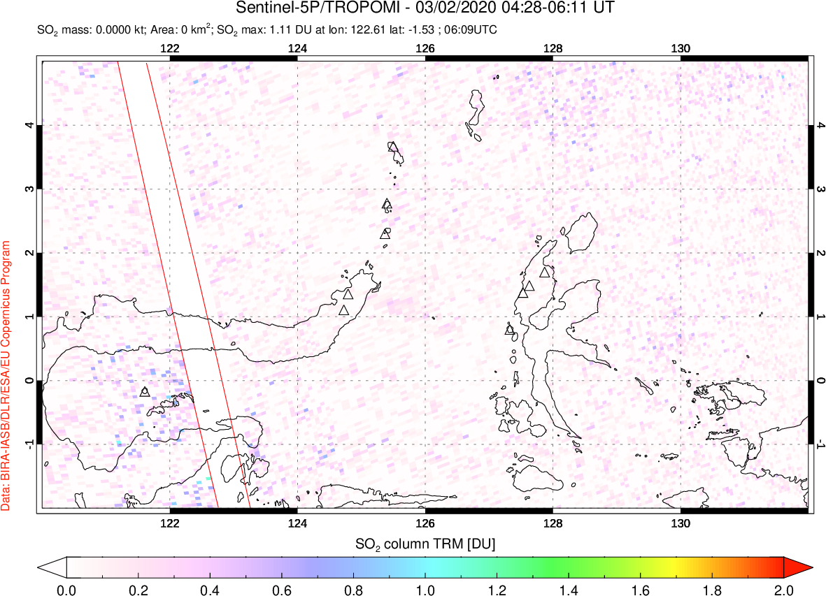 A sulfur dioxide image over Northern Sulawesi & Halmahera, Indonesia on Mar 02, 2020.