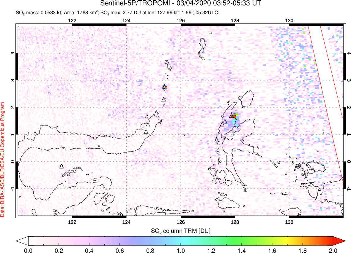 A sulfur dioxide image over Northern Sulawesi & Halmahera, Indonesia on Mar 04, 2020.
